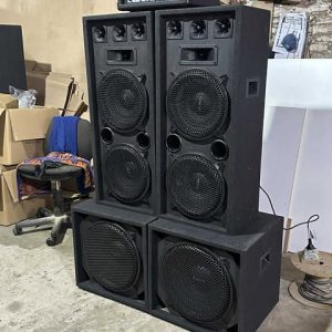 2 bafles dobles de 12” + 2 Sub Low de 15” + Potencia de 4 canales